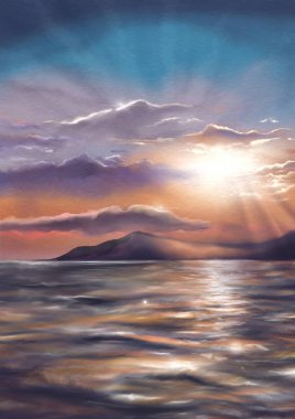 Yaz akşamı gün batımı. Okyanus tepesi manzarası üzerinde. Dijital suluboya sanat.