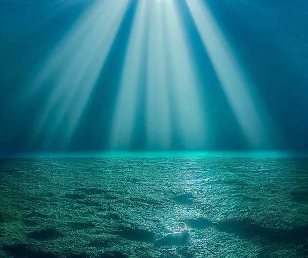 Dark blue ocean. Underwater background and undersea light rays shine