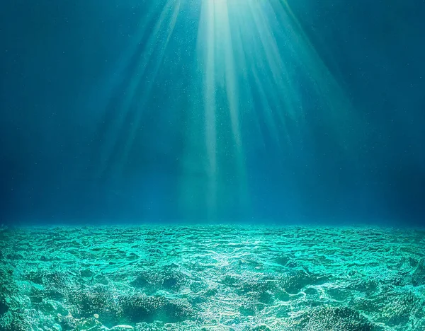 Dark blue ocean. Underwater background and undersea light rays shine