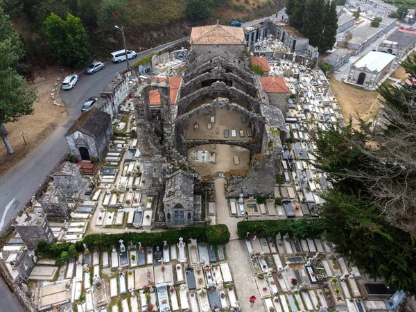 Aerial drone view of ruins of the Old Church of Santa Maria and cemetery in Cambados, Rias Baixas,Galicia, Spain.