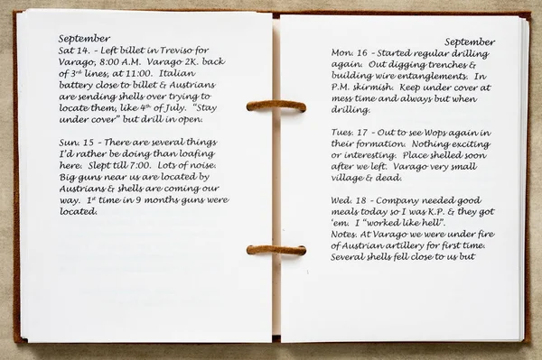 第一次世界大战士兵日记页 47页中的22页 1918年9月14日至18日一名一战美国士兵的日记记录 — 图库照片