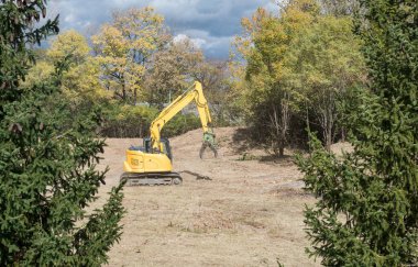 Fırtınalı Gökyüzü ile Açık Alan 'da Sunlit Backhoe