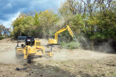 Mulcher ve Backhoe Fırtınalı Gökyüzü ile Alanı Temizliyor