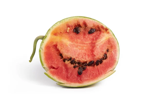 Ripe Watermelon Cut Half Dark Seeds Green Tail Smiling Watermelon — Stock Photo, Image