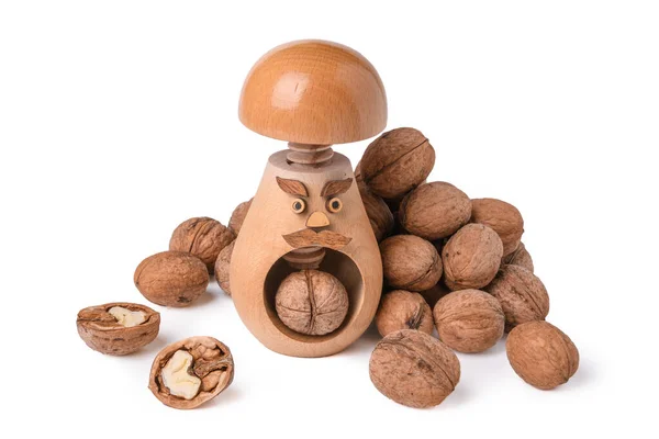 Wooden Nutcracker Form Forest Mushroom Bunch Nuts Chopped Walnut — Foto Stock