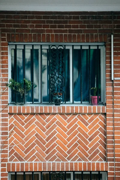 Window Brick Facade Flowers Pots — Stockfoto