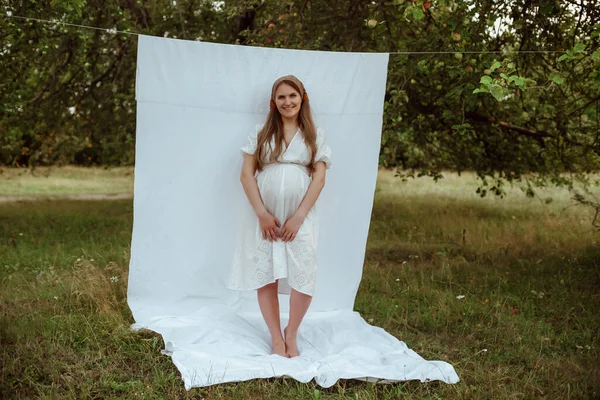 Pregnant Girl White Dress Poses White Background Garden — Stock Photo, Image