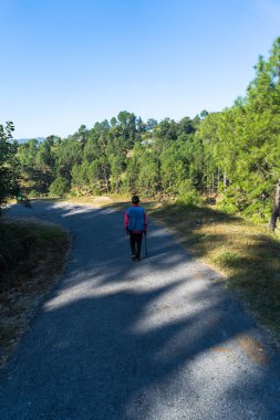 Genç bir çocuk dağlarda güneşli bir sabahta yolda yürüyor.