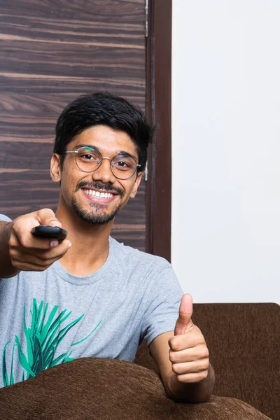 Young Indian Boy Pointing Television Remote Smiling Looking Happy — Stock Photo, Image