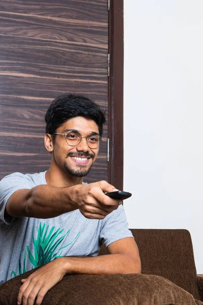 Young Indian Boy Pointing Television Remote Smiling Looking Happy — Stock Photo, Image