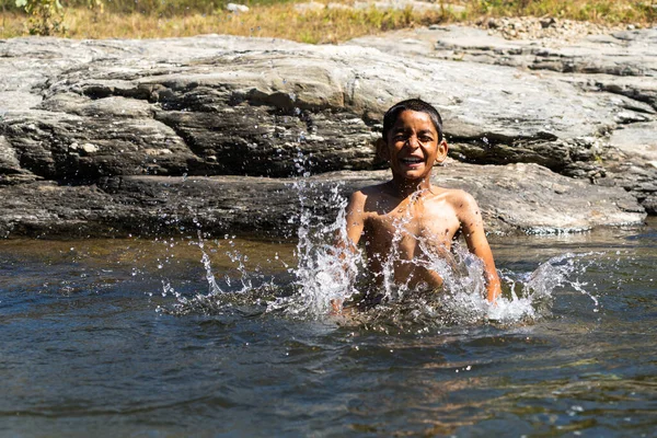 Young Village Boy Playing River Full Water Bright Sunny Day Stock Picture