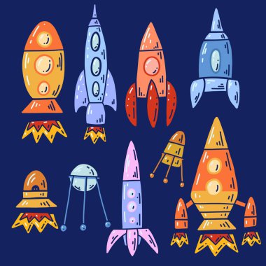 Çizgi film dizileri uzay gemileri ve UFO 'lar. Ana hatlarıyla teknolojik gemiler. Uzay mekiğinin çocuksu nesnesi ve karanlık arkaplanda uydular.