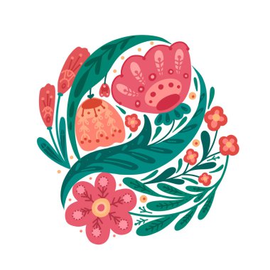 Beyaz arka planda folklor desenli çiçek deseni. Saf süslemeli çiçekler ve yapraklar. Bitkilerle doğal görüntüyü, nakışla laleyi yönlendir.