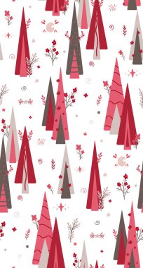 Geometrik desenli, çiçekli, yıldızlı ve karalama çizgili köknar ağaçları. Pembe ladin, yapraklı ve aylı bir dal. Duvar kâğıdı ve kumaş için yumuşak doğal doku taşıyıcı