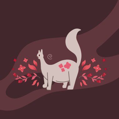 Dallarında pembe çiçekler olan sevimli bir kedi. Koyu arkaplanda çiçek desenli bir evcil hayvanın narin düz çizimi. Yavru kedi, sakura ve laleli vektör kartı
