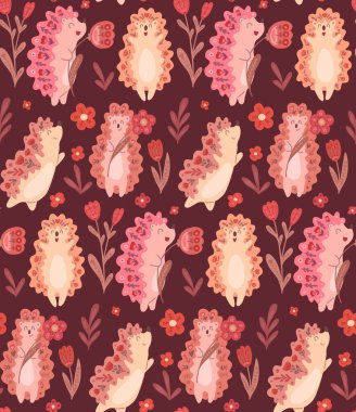 Çiçekli, dans eden kirpiler ve bordo arka planda halk süslemeleri olan kusursuz desenler. Hayvanlarla ve çiçek süsüsüyle hassas vektör dokusu. Bebek odası için kumaş ve duvar kağıdı.