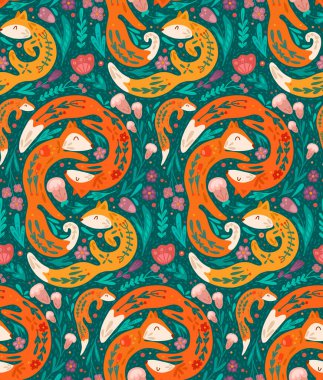 Folk desenli ve çiçek desenli tilki familyasından kusursuz bir desen. Bitkilerle, çiçek süslemeleriyle, düz hayvan dokusu çizilmiş vektör el..