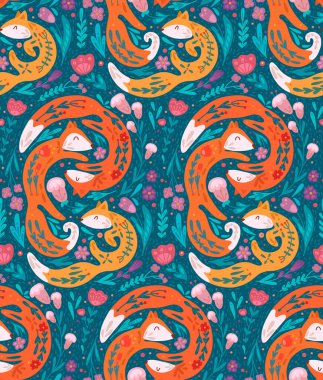 Folk desenli ve çiçek desenli tilki familyasından kusursuz bir desen. Doğal süslemelerle çizilmiş düz hayvan dokusu..