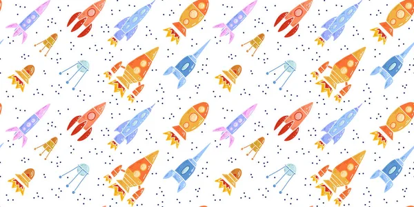 Seamless pattern with cartoon contour space ships and ufo flying diagonal up. Outline universe ships start up. Vector childish texture of space shuttle and satellites on white background.