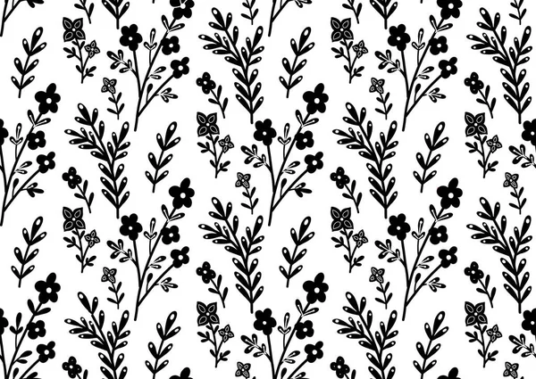 Μονοχρωμία Χωρίς Ραφή Μαύρα Λουλούδια Και Κλαδιά Λευκό Φόντο Σιλουέτες — Διανυσματικό Αρχείο