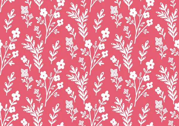 无缝隙单色图案 花朵和枝条的白色轮廓 粉红背景 有花朵和叶子的茎的轮廓 带有藏红花印花的矢量细腻花纹 — 图库矢量图片