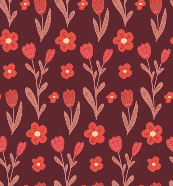 Nahtloses Muster Mit Einfachen Blumen Mit Volkstümlichen Dekorationen Auf Weinrotem — Stockvektor