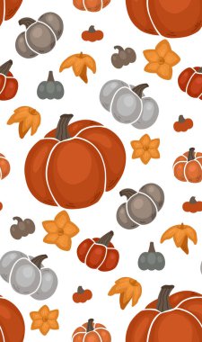 Gri ve turuncu balkabaklarıyla kusursuz sonbahar deseni ve beyaz arka planda sarı çiçekler. Düz elle çizilmiş sebzeli vektör dokusu. Bahçe hasadı olan renkli duvar kağıtları