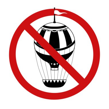 Siyah siluet sıcak hava balonu ve yasaklı işaretleri var. Retro hava ulaşımı yasaklandı. Festivalleri yasaklayın. Uçmak yasak. Balon izli vektör rozeti