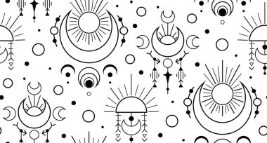 Kusursuz tek renkli ay esrarengiz deseni. Siyah hatlı kutsal süsler. Beyaz arka planda yıldızlı, hilal ve güneş desenli vektör büyüsü. Büyücülük dekorasyonu..