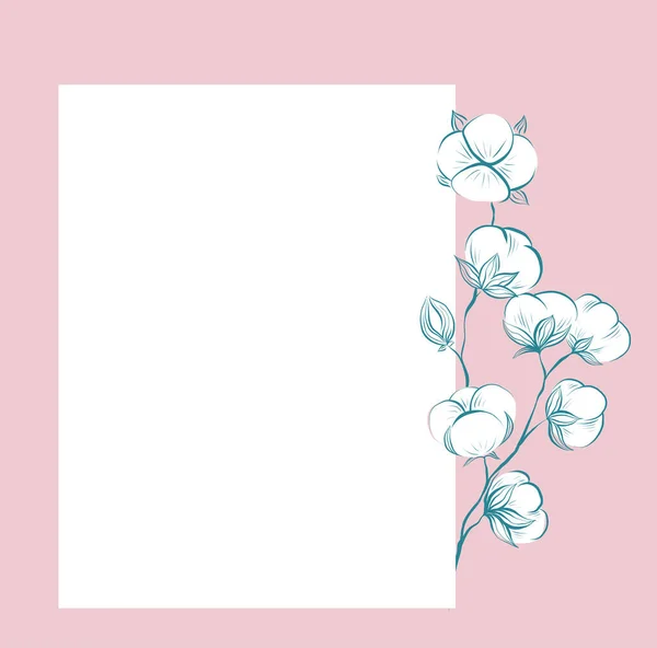 Square Delicate Card Sketches Cotton Plant Stems Copy Space Pink — Vettoriale Stock