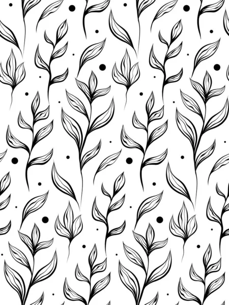Seamless Monochrome Pattern Sketches Stems Foliage Dots White Background Vector — Stock Vector