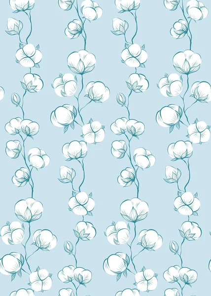 Seamless Delicate Pattern Sketches Cotton Plant Stems Blue Background Vector — Vettoriale Stock