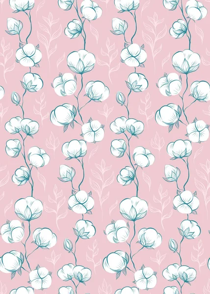 Seamless Delicate Pattern Sketches Cotton Plant Stems Pink Background Vector — 图库矢量图片