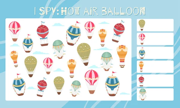 スパイゲームだ 子供の教育の楽しさ 気球の数を数えなさい 漫画の航空機 ヴィンテージの風船や飛行船 就学前のゲームのためのベクトルテンプレート 教育課題表 — ストックベクタ