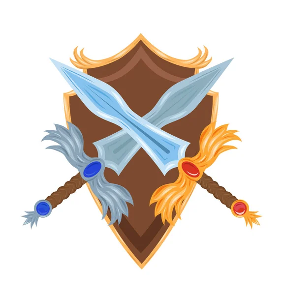 卡通把剑和盾牌交叉在一起 防守和决斗 骑士间的对抗矢量手绘图标 游戏和应用程序的平面插图 — 图库矢量图片