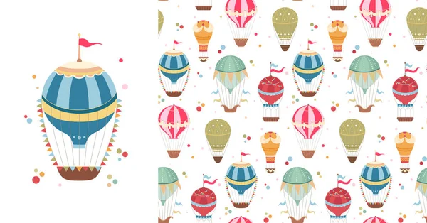 Set Card Seamless Pattern Witn Vintage Hot Air Balloons Ribbons — Vettoriale Stock