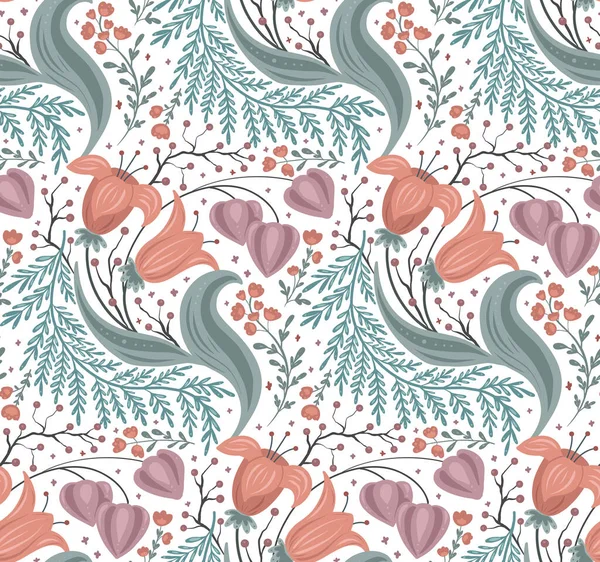 Seamless Pattern Delicate Floral Composition Tulips Berries Physalis White Background — 图库矢量图片