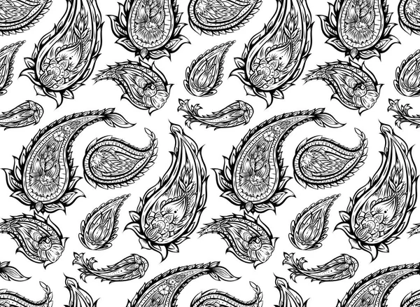 Seamless Monochrome Paisley Pattern Black Tribal Flower Texture White Background — 图库矢量图片