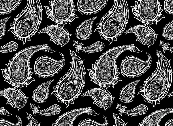 Padrão Paisley Monocromático Sem Costura Vetorial Textura Flor Tribal Branca — Vetor de Stock