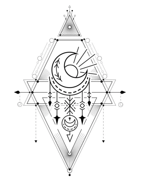 Vector Card Black Esoteric Symbol Crescent Star Sun Geometric Decorations — Vettoriale Stock