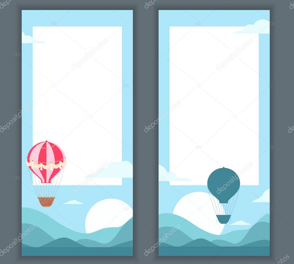 Set of vertical banner with vintage hot air balloon in the sky, sunrise and hills and place for text. Card with aerostat and copy space. Vector template with balloons and lands