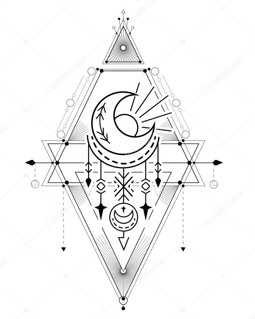 Vector card with black esoteric symbol with crescent, star, sun and geometric decorations. Contour space sacred decoration. Outline magic illustration with witchcraft ornament.