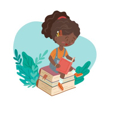 Bitkilerle dolu bir kitap yığınının üzerinde oturan okumuş Afrikalı bir kızın vektör çizimi. Herkes için eğitim. Çizgi film biçimi.