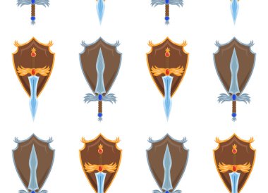 Beyaz arka planda çizgi film kılıçları ve kalkanları olan kusursuz bir model. Koruma ve güç. Zengin şövalye üniforması. Duvar kâğıdı ve oyunlar için altın ve gümüşten yapılmış doku.