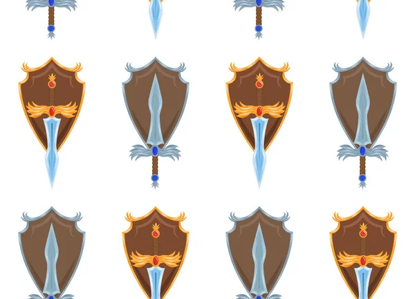 Vektornahtloses Muster Mit Cartoon Schwertern Und Schilden Auf Weißem Hintergrund — Stockvektor