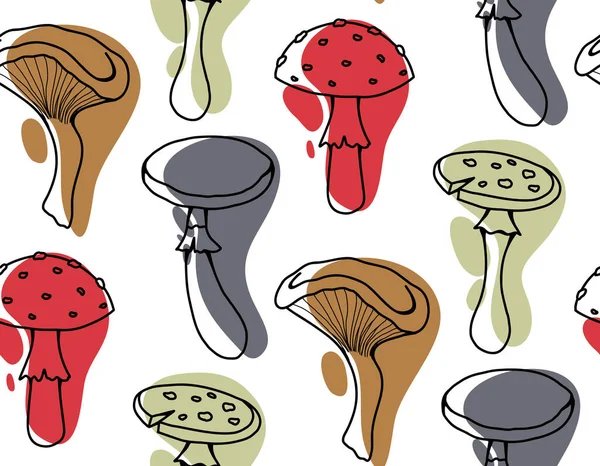 Vektor Zökkenőmentes Mintát Stilizált Vázlatok Mérgező Gombák Színes Foltok Amanita — Stock Vector