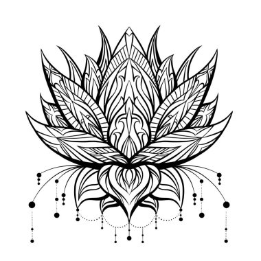 Süslü süslemeleri ve boncukları olan vektör boho lotus. Kabile süsüyle narin su çiçeği. Spa ve yoga için doğal kutsal sembol. Nilüfer çiçeğini logo, boyama sayfası ve pankarta dönüştür