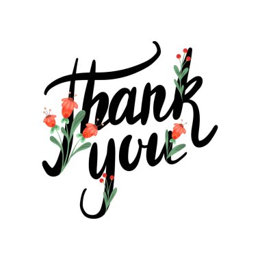 El yazısıyla yazılmış mektuplar. Çiçek desenli teşekkürler. Süslü fırça kaligrafisi alıntısı. Kartpostallar ve çıkartmalar için arkaplandan izole vektör sembolleri