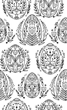 Paskalya yumurtaları ve çiçek süslemeleriyle kusursuz bir desen. Beyaz arka planda folklor desenli, şenlikli bir taslak. Kumaş için tek renkli arkaplan
