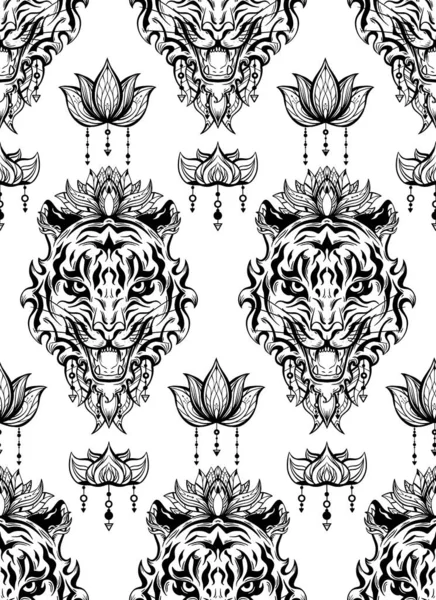 Vector Seamless Pattern Silhouette Tiger Head Floral Ornament Texture Black — Stock Vector